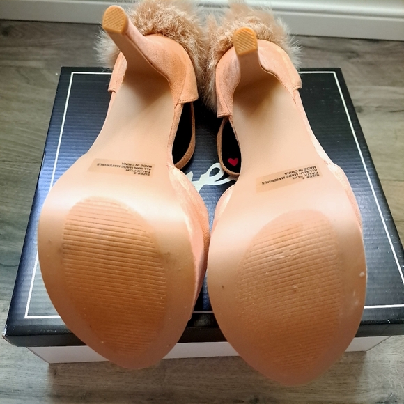 Qupid | Blush suede pu~ tan/Pinkish open toed heels with ankle strap and Pom Pom - Picture 9 of 10